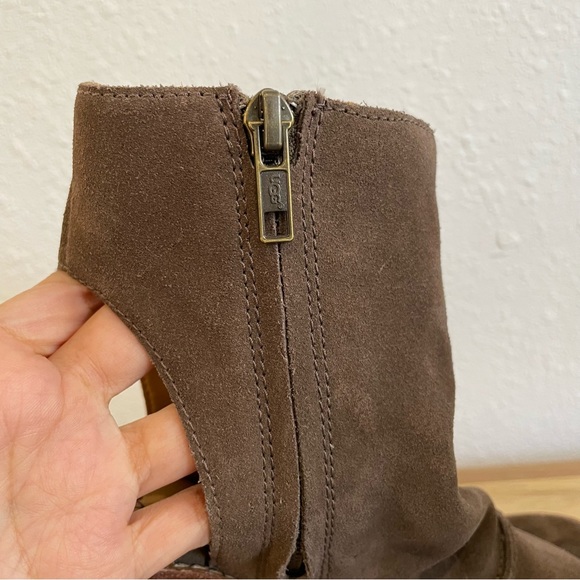 UGG Bootie Valencia Chestnut Brown Suede Leather Peep Toe Stacked Heel Size 7.5 - Picture 7 of 13